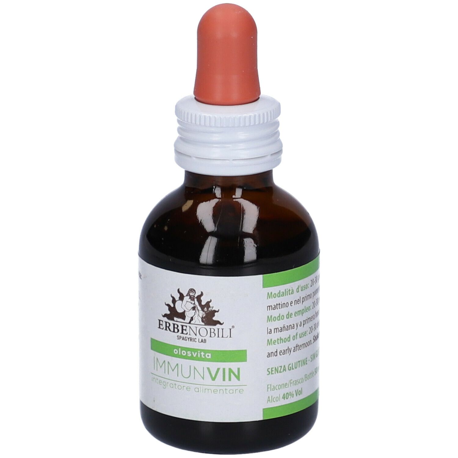 Flacone di vetro marrone con contagocce. Scritto: ImmunVin, Integratore alimentare. Marchio: Erbenobili. Con etichetta.