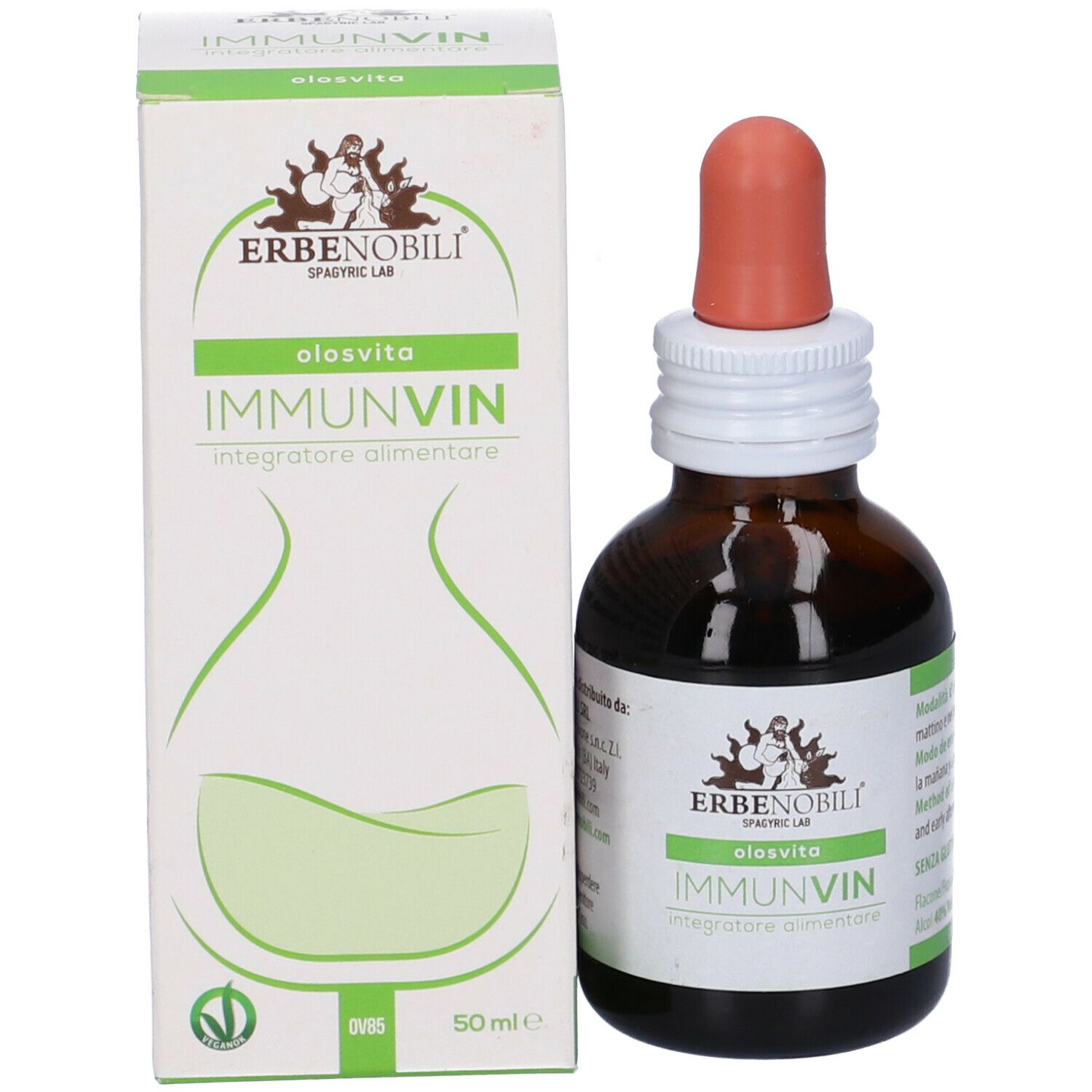 Flacone di vetro marrone con contagocce e scatola. Scritto: ImmunVin, Integratore alimentare. Marchio: Erbenobili.