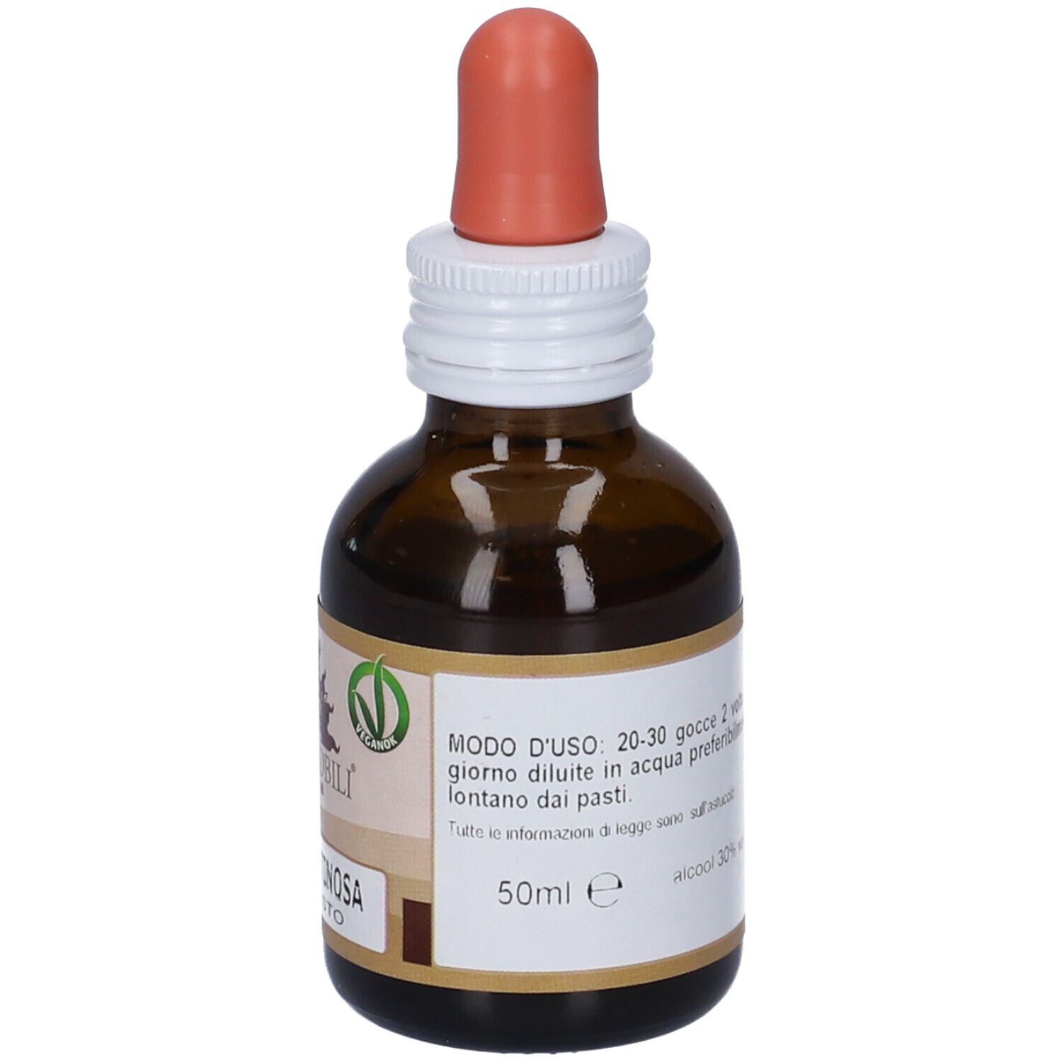 Flaconcino in vetro marrone con contagocce, contiene 50ml di liquido.