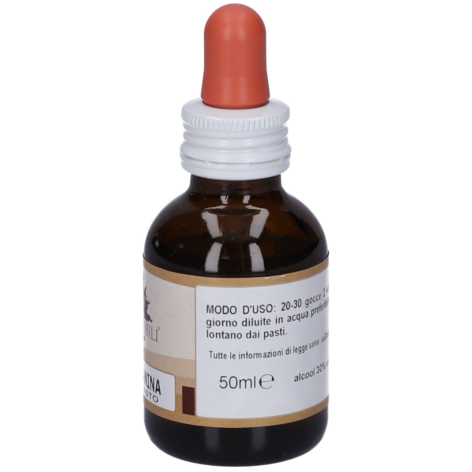 Flacone in vetro ambrato con pipetta, etichetta indica '50ml' e gradazione alcolica.