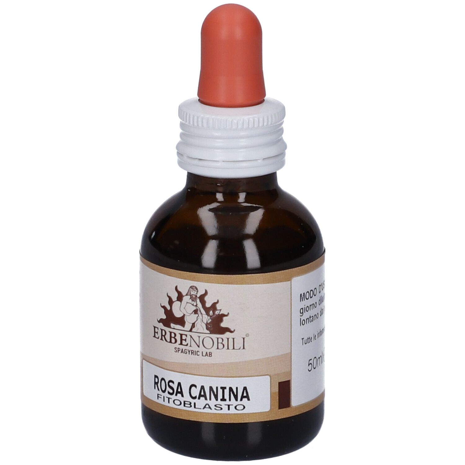 Flacone in vetro ambrato con contagocce, etichetta 'Rosa Canina Fitoblasto'.