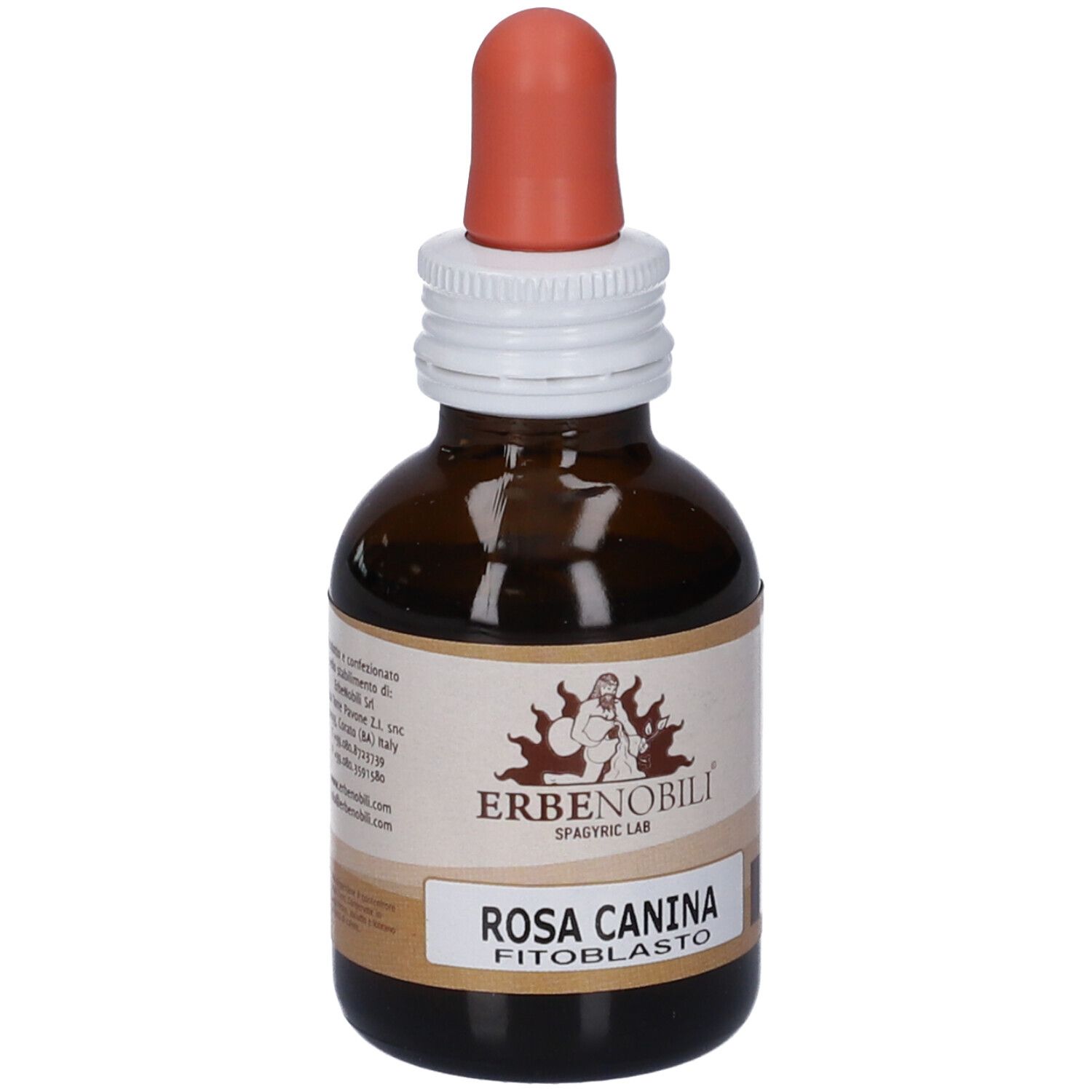 Flacone in vetro ambrato con contagocce, etichetta 'Rosa Canina Fitoblasto'.