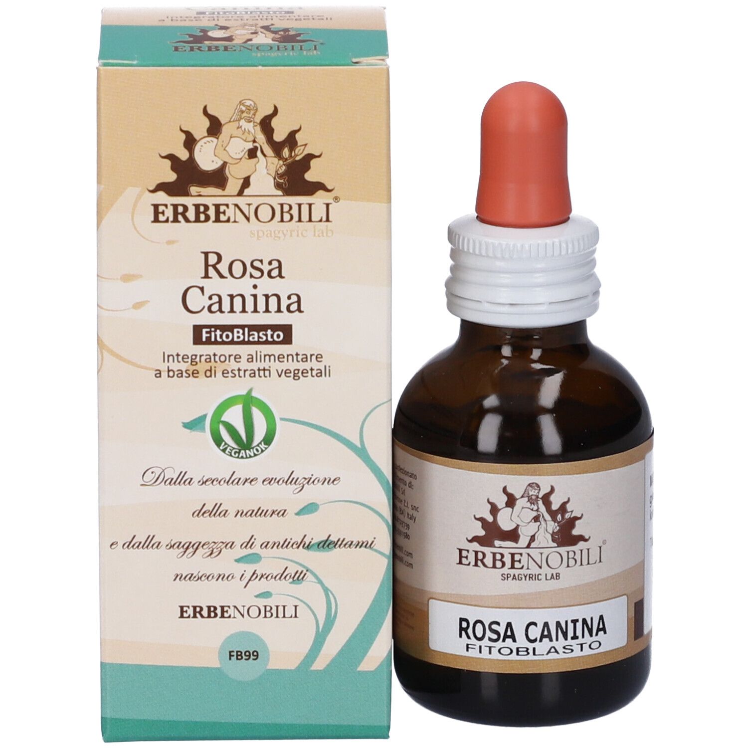 Flacone in vetro ambrato e scatola, entrambi etichettati 'Rosa Canina Fitoblasto'.