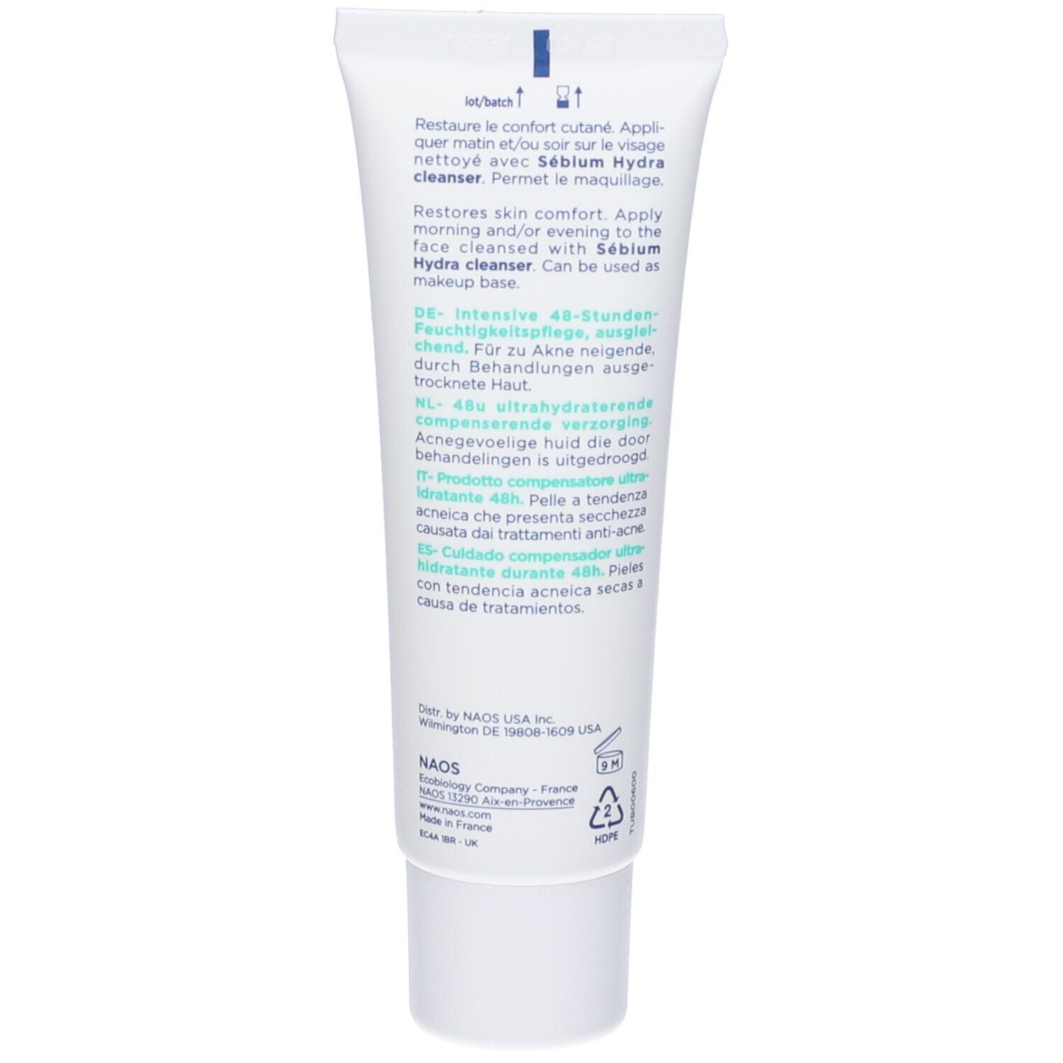 Retro del tubo. Testo multilingue. Contiene informazioni sull'uso.