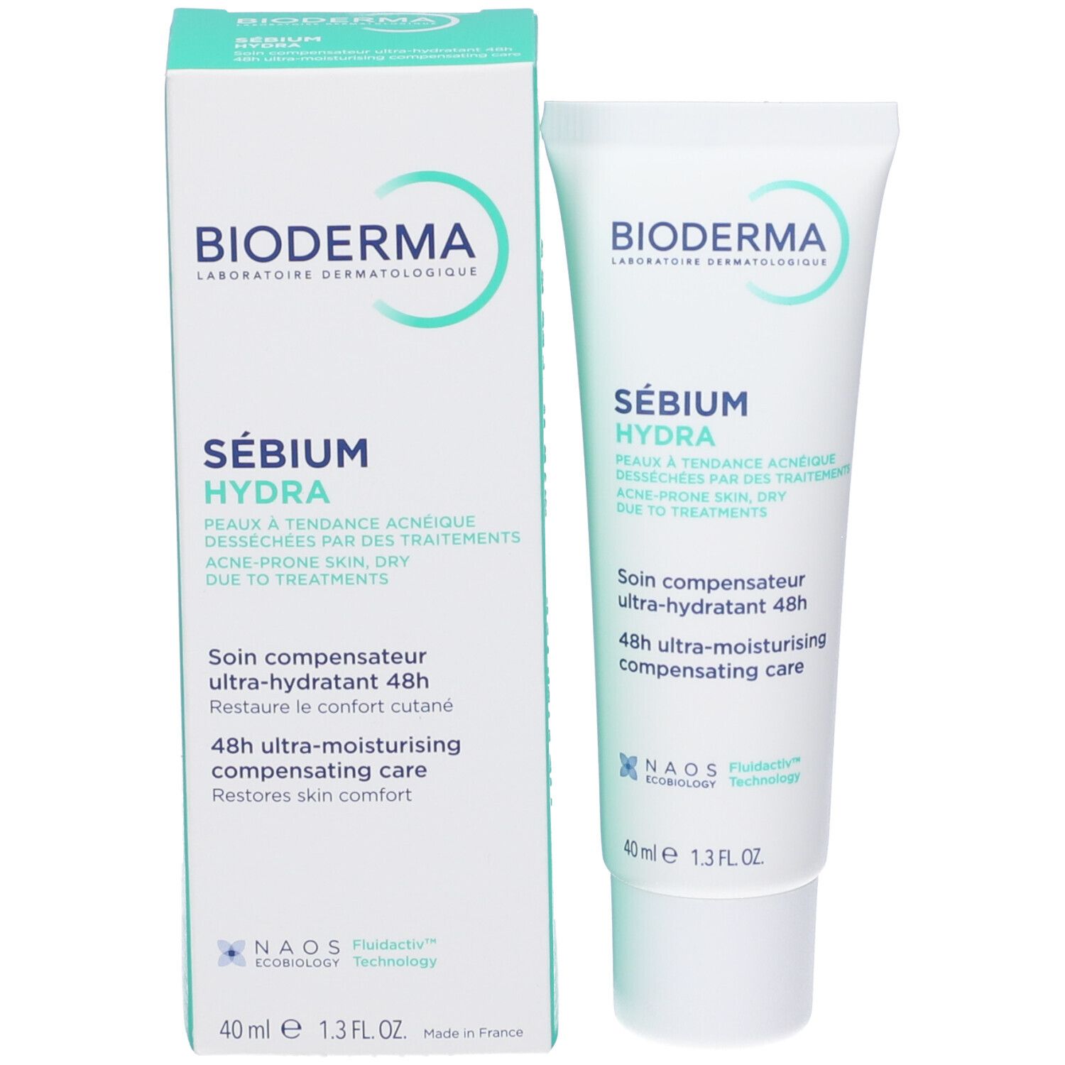 Tubo e scatola BIODERMA SÉBIUM HYDRA. Testo: ultra-idratante 48h. 40 ml.