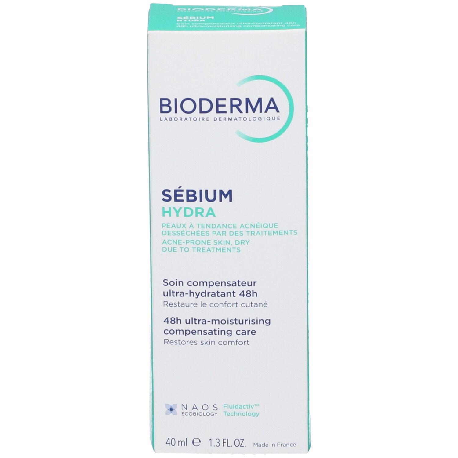 Scatola BIODERMA SÉBIUM HYDRA. Testo: ultra-idratante 48h. 40 ml.