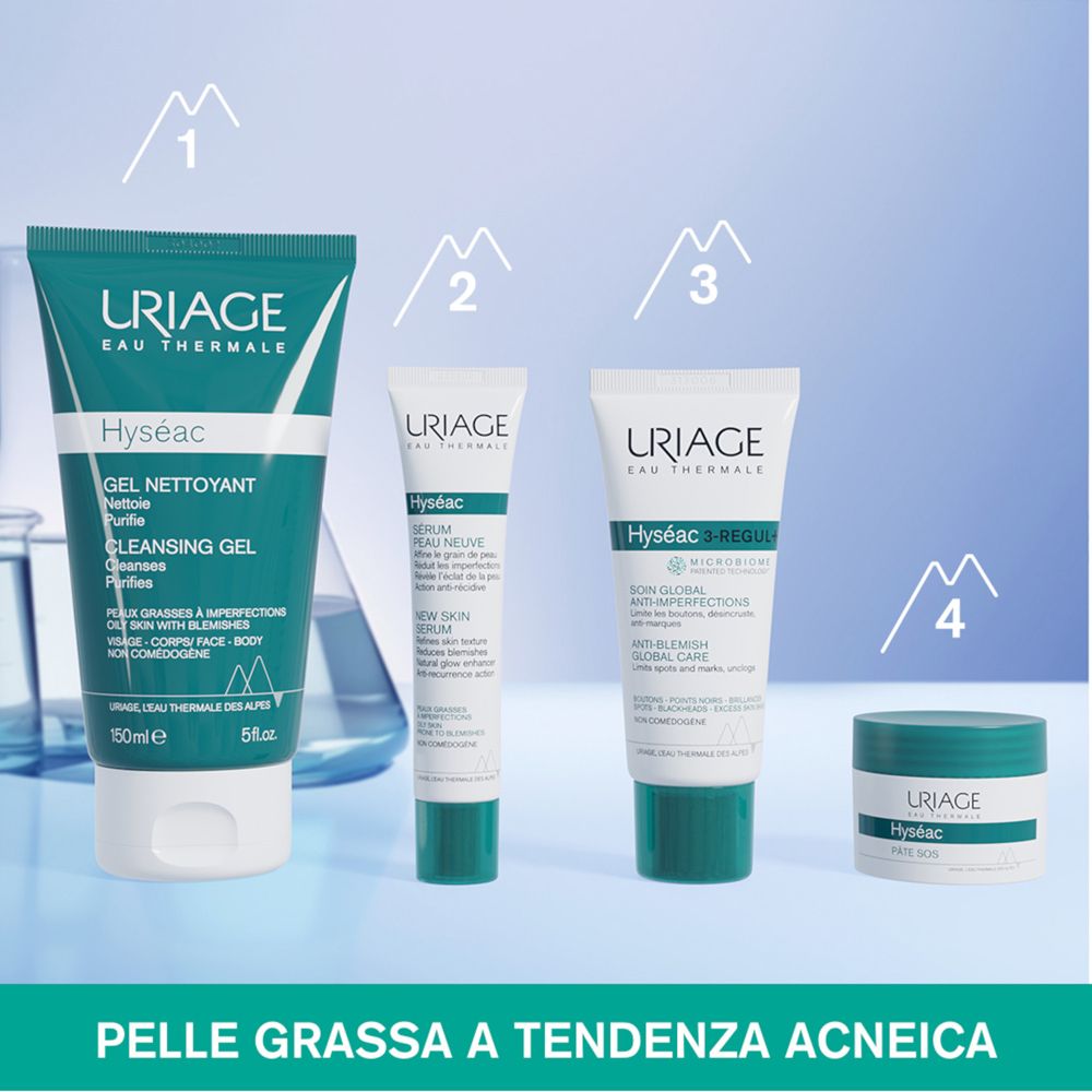 Quattro prodotti affiancati. URIAGE Hyséac Gel Nettoyant, Siero, 3-Regul e Crema. Testo: Pelle grassa a tendenza acneica.