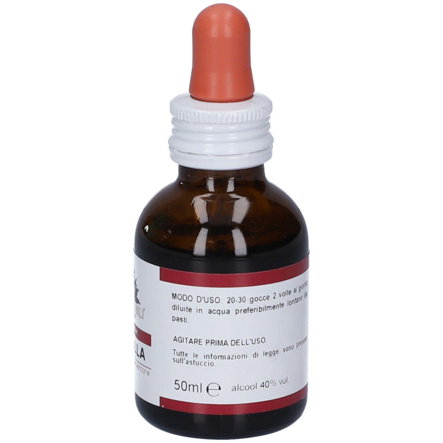 Flacone in vetro ambrato con contagocce, etichetta con istruzioni d'uso e contenuto alcolico.