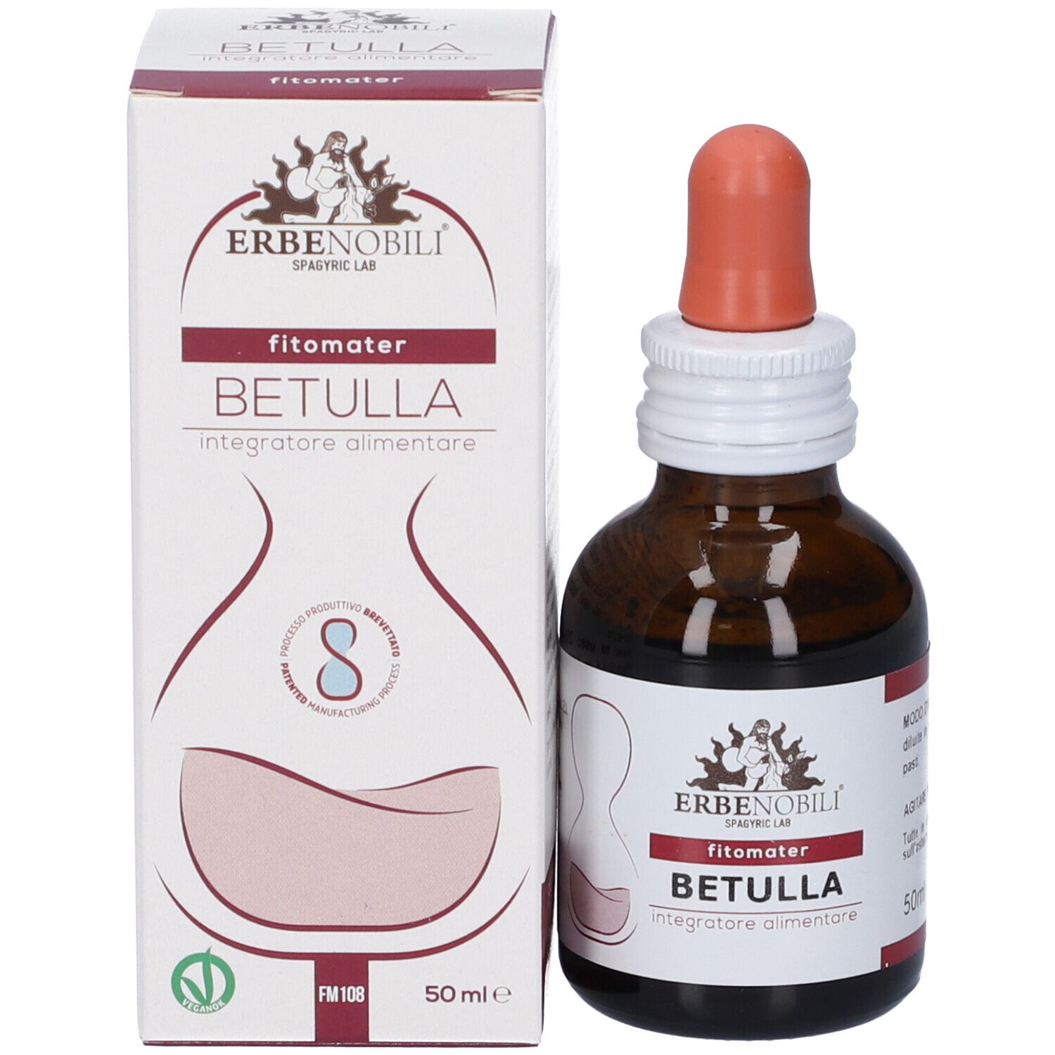 Flacone Fitomater Betulla 50ml e scatola, entrambi con logo Erbenobili.