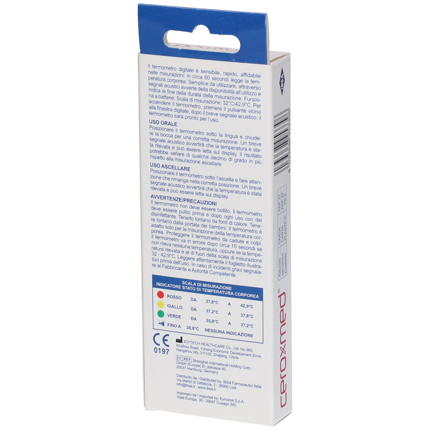 Retro della confezione del termometro. Istruzioni per l'uso, indicatore di temperatura e marchio CE.
