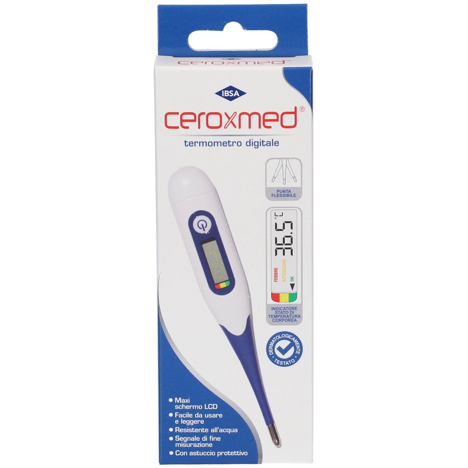 Termometro digitale ceroxmed in confezione. Design bianco e blu, display LCD, punta flessibile.