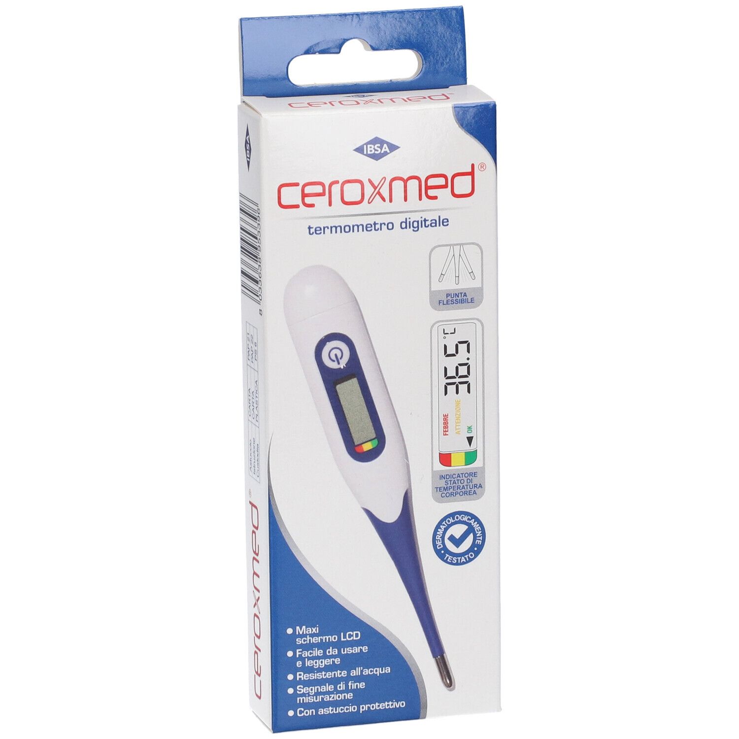 Termometro digitale ceroxmed in confezione. Design bianco e blu, display LCD, punta flessibile.
