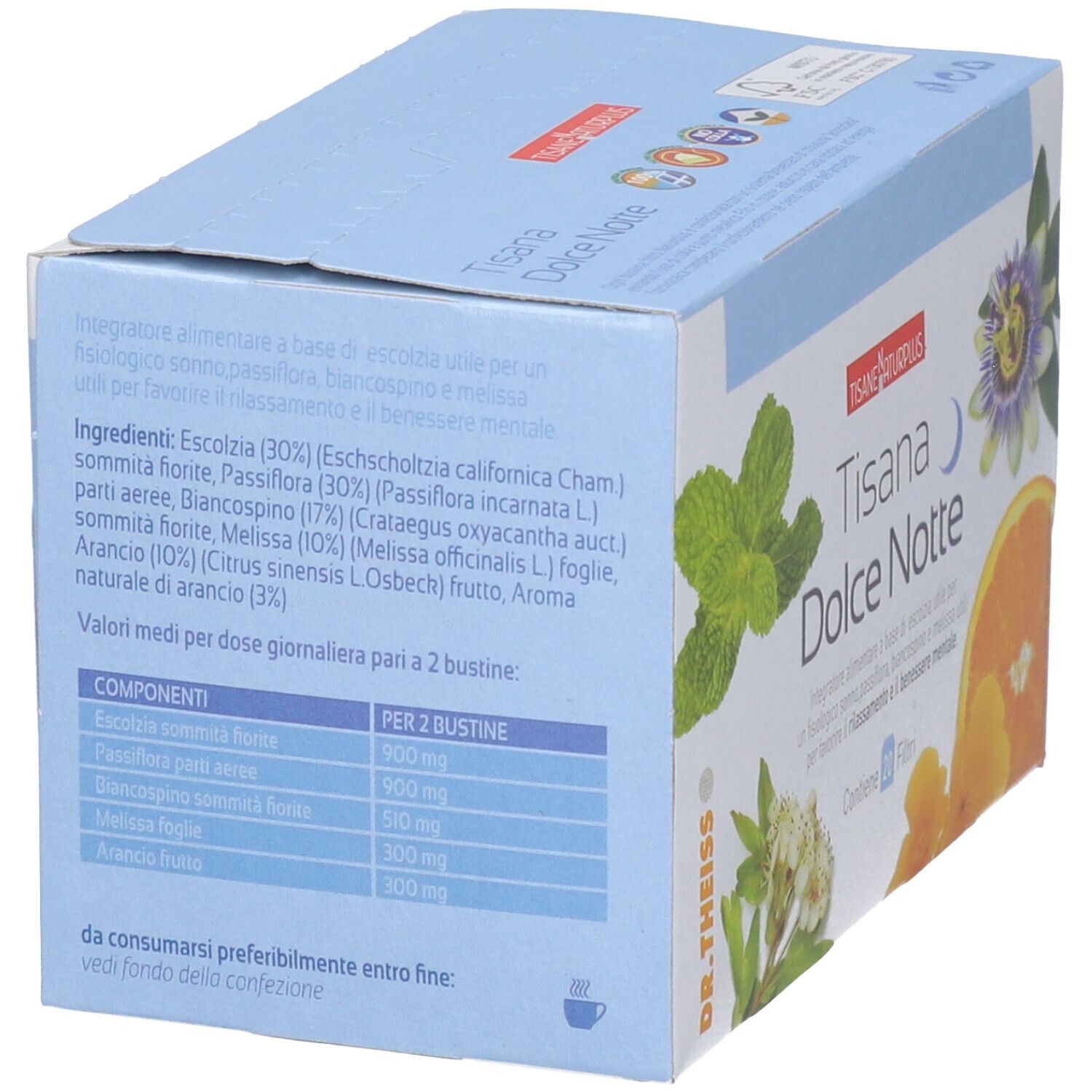 Retro della confezione NATURPLUS TISANA DOLCE NOTTE. Contiene elenco ingredienti e informazioni nutrizionali.