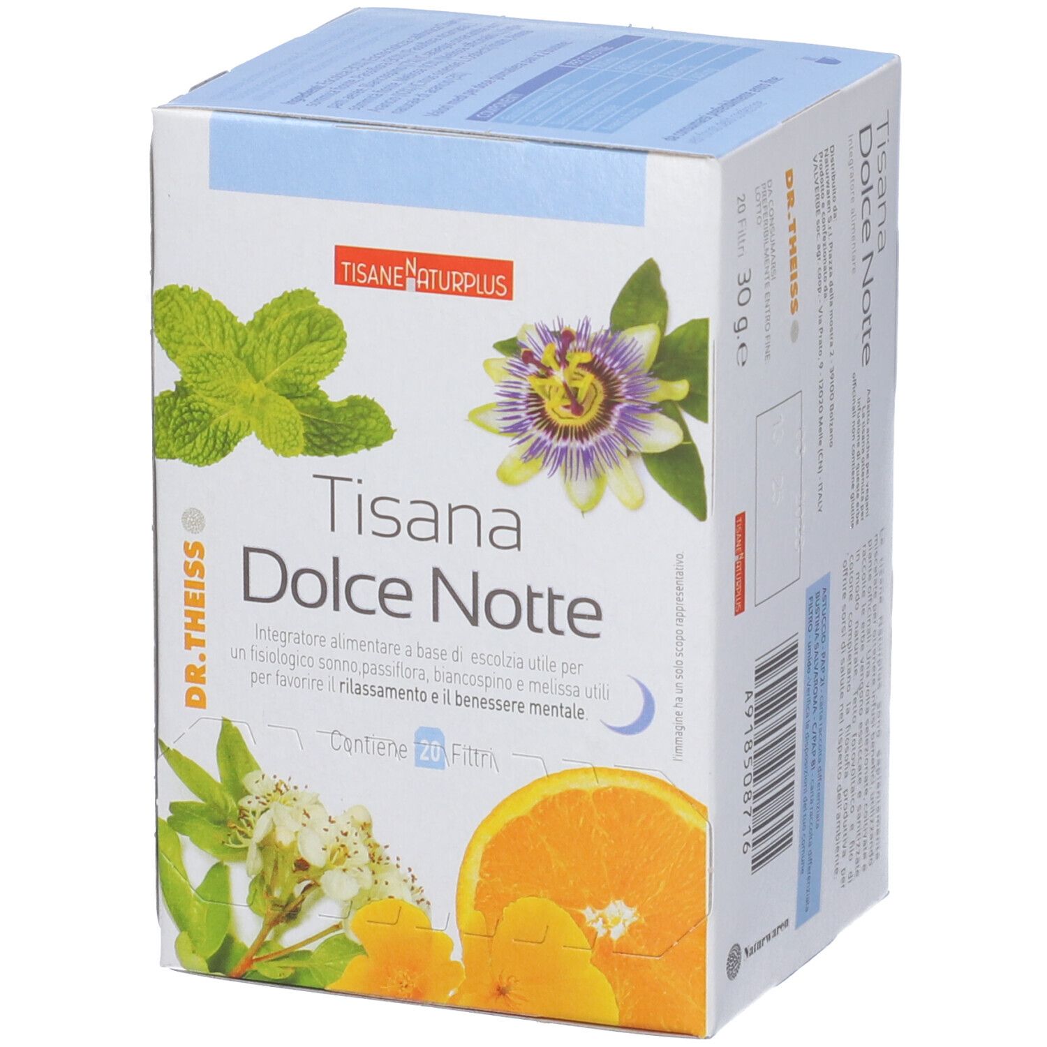 Scatola NATURPLUS TISANA DOLCE NOTTE. Illustrazione di erbe, arancia e passiflora. Contiene 20 filtri.