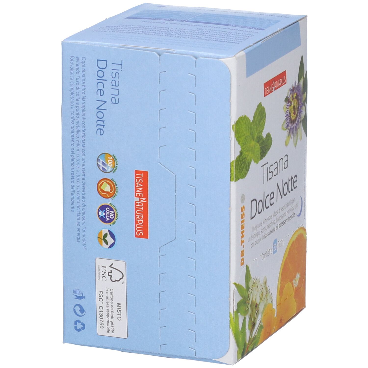 Vista laterale della confezione NATURPLUS TISANA DOLCE NOTTE. Con logo e certificazioni.