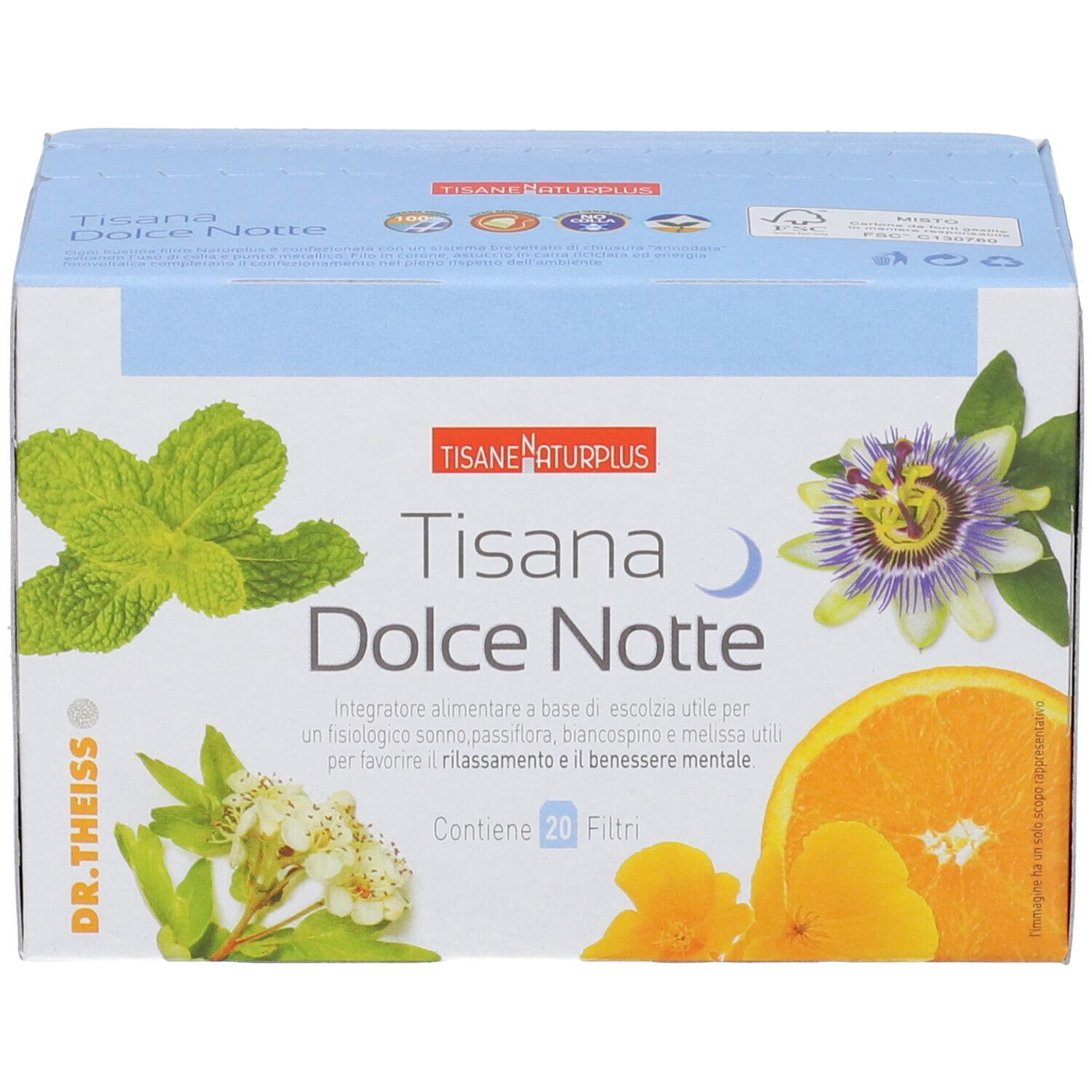 Scatola NATURPLUS TISANA DOLCE NOTTE. Illustrazione di erbe, arancia e passiflora. Contiene 20 filtri.