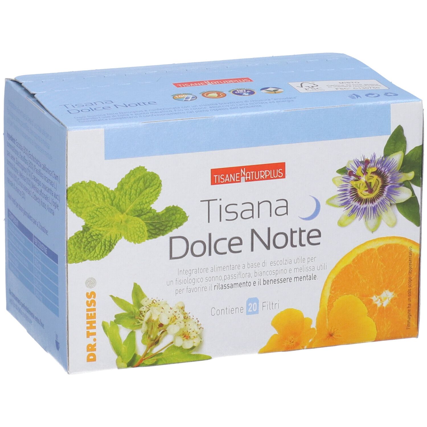 Scatola NATURPLUS TISANA DOLCE NOTTE. Illustrazione di erbe, arancia e passiflora. Contiene 20 filtri.