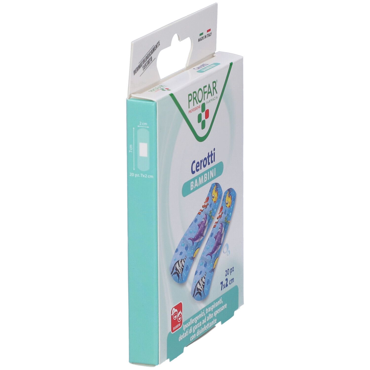 Confezione da 20 cerotti 7x2 cm. Cerotti blu con motivi marini. Marchio PROFAR, Made in Italy.