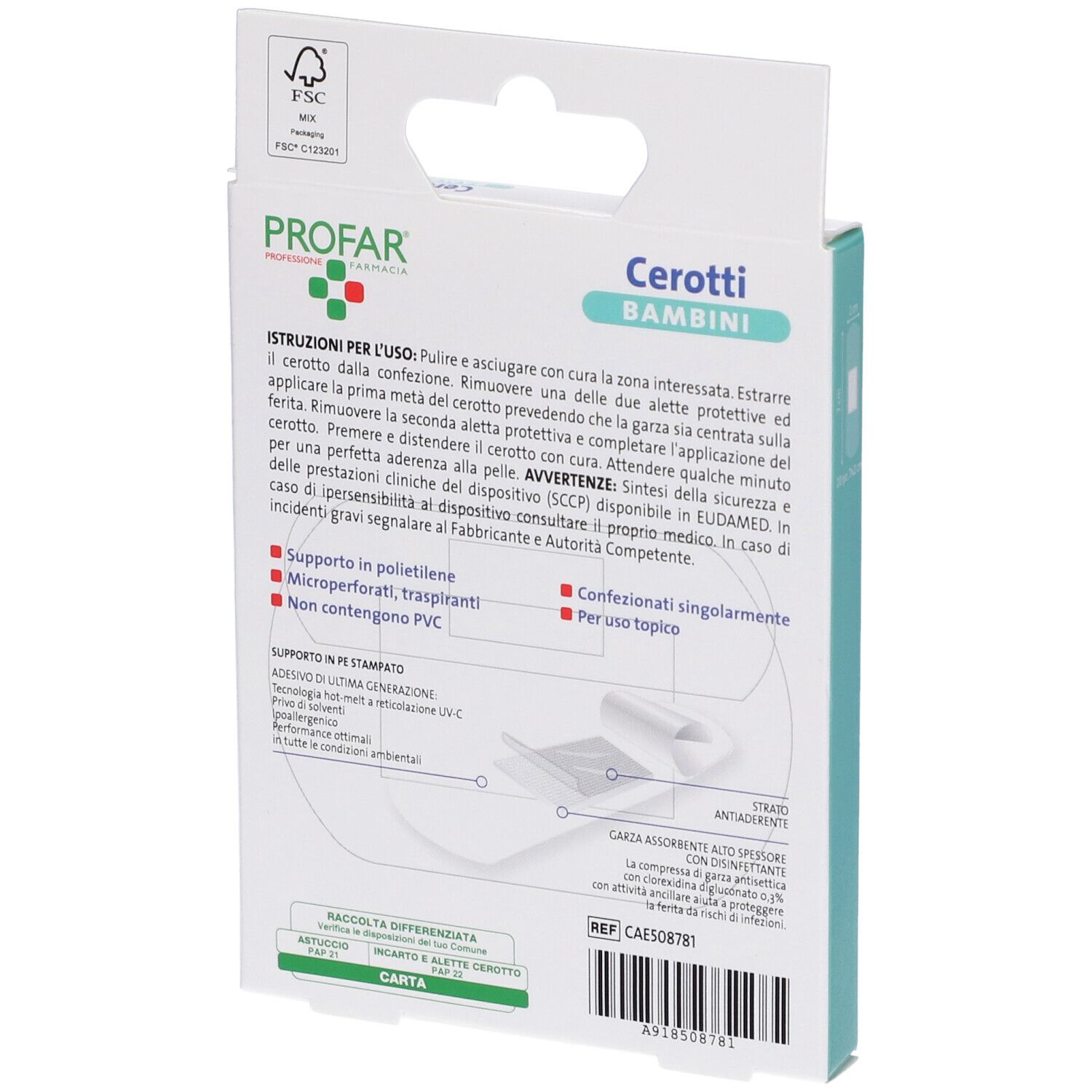 Retro della confezione. Testo: PROFAR, Cerotti BAMBINI. Istruzioni per l'uso. Confezionati singolarmente. Logo FSC.