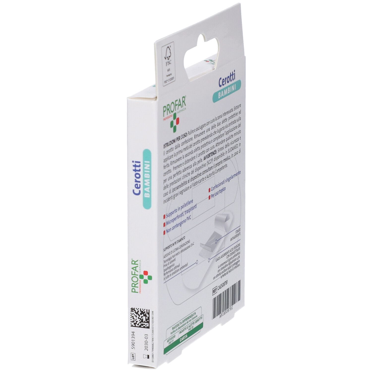 Lato della confezione. Testo: PROFAR, Cerotti BAMBINI. Istruzioni per l'uso. Codice QR e numero di lotto.