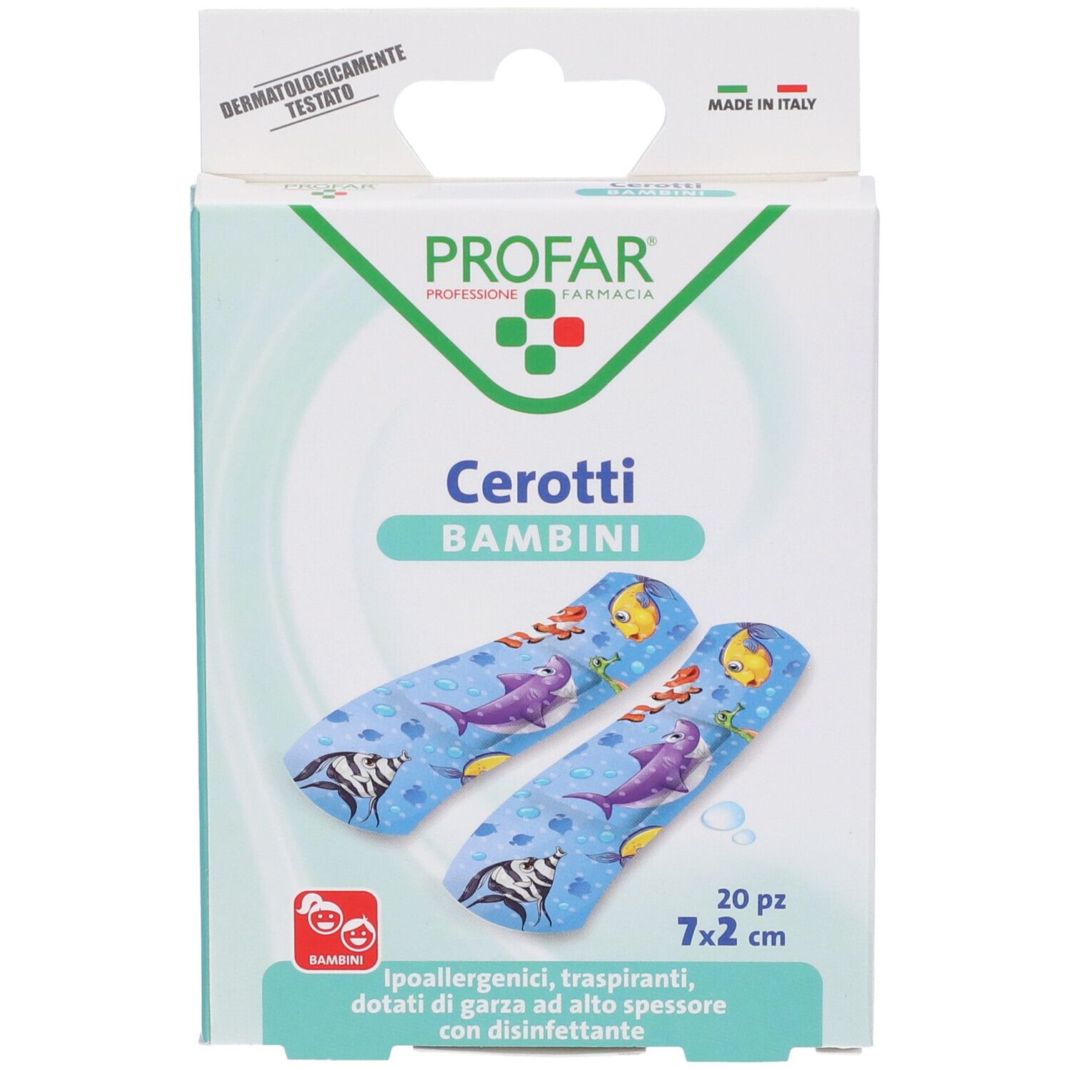 Confezione da 20 cerotti 7x2 cm. Cerotti blu con motivi marini. Marchio PROFAR, dermatologicamente testato.