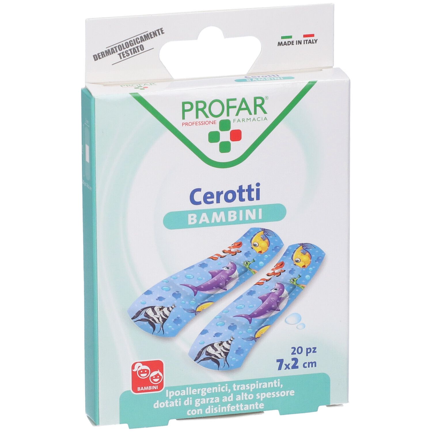 Confezione da 20 cerotti 7x2 cm. Cerotti blu con motivi marini. Marchio PROFAR, dermatologicamente testato.