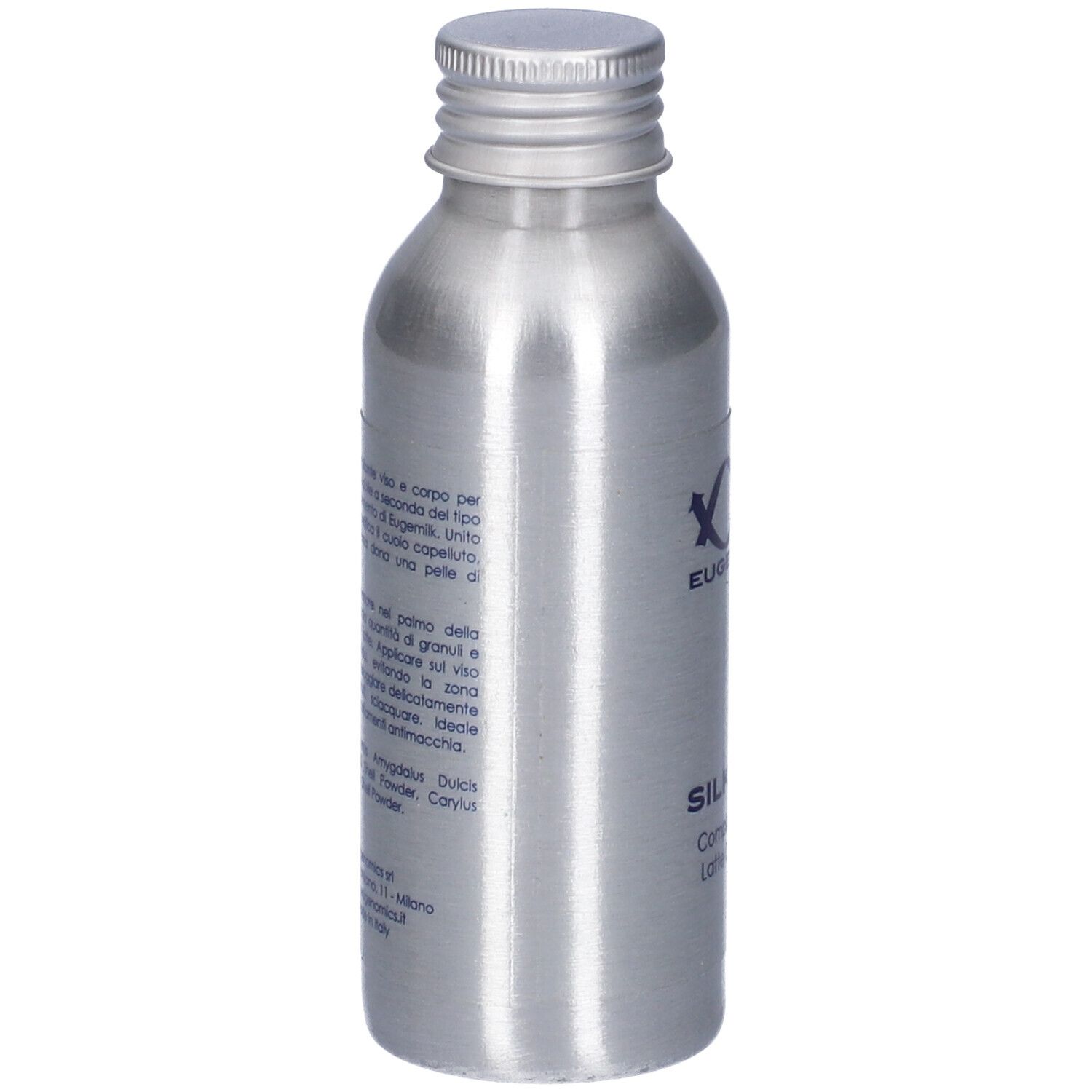 Flacone d'argento con tappo a vite. Testo in italiano. Informazioni sul prodotto sul retro.