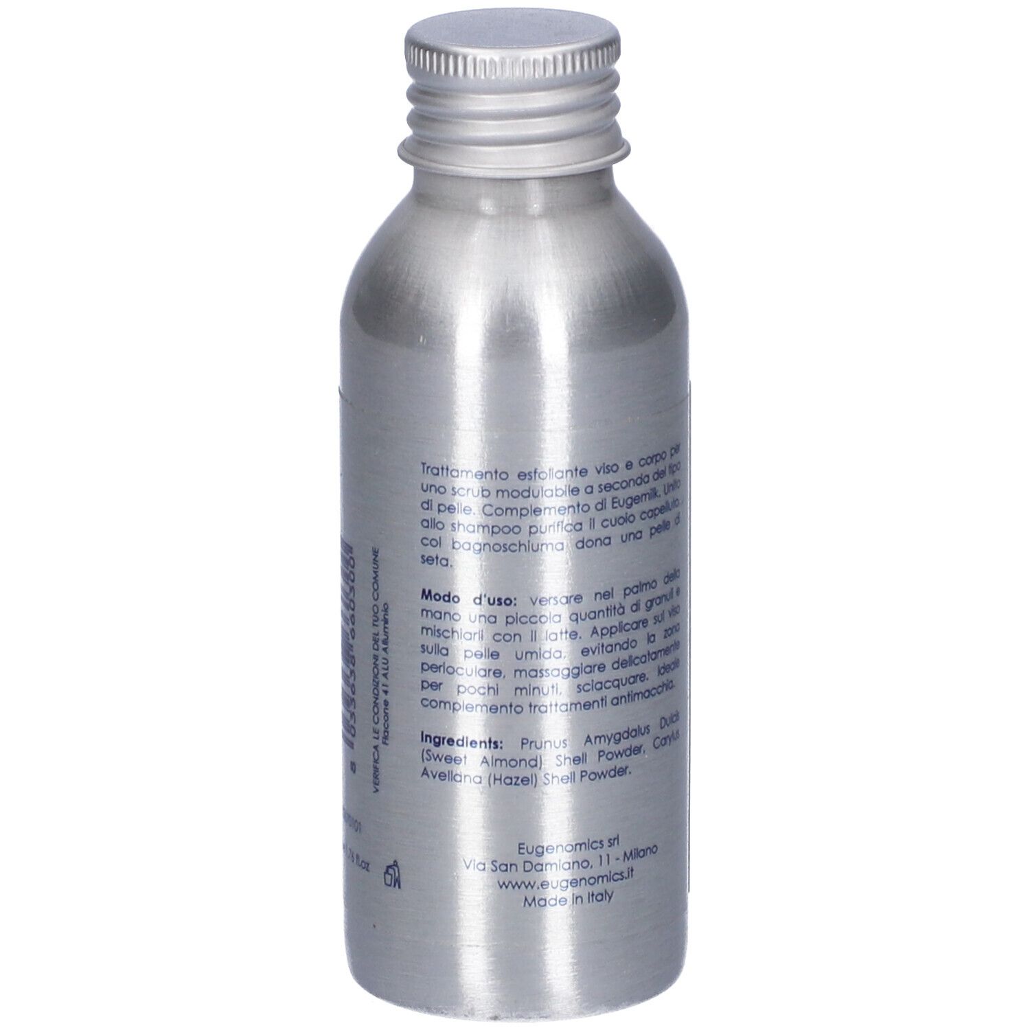 Flacone d'argento con tappo a vite. Testo in italiano. Informazioni e ingredienti sul retro.