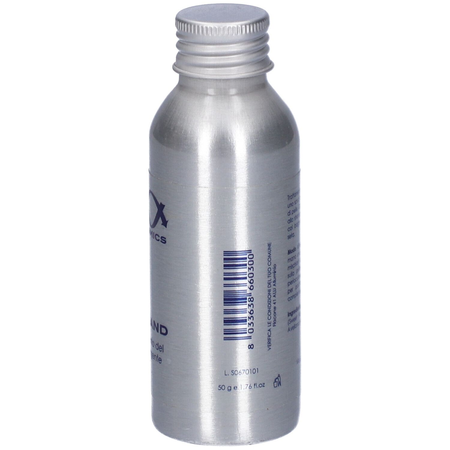 Flacone d'argento con tappo a vite. Scritta: Silk Sand. Codice a barre e informazioni sul prodotto.