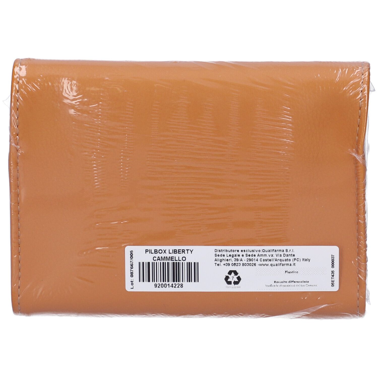 Astuccio rettangolare marrone confezionato in plastica. Etichetta con informazioni prodotto e codice a barre.