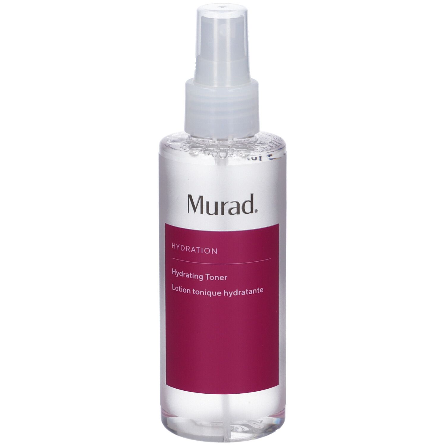 Flacone trasparente con vaporizzatore. Etichetta con Murad, Hydration, Hydrating Toner.