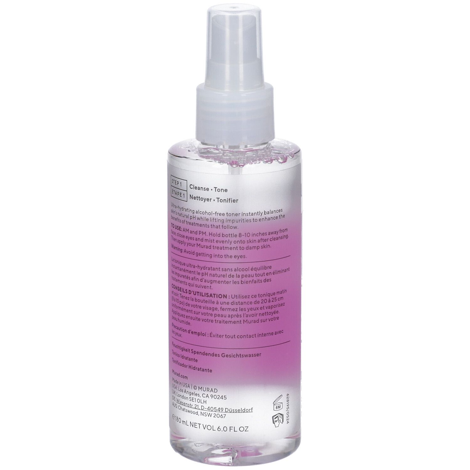 Flacone trasparente con vaporizzatore. Etichetta con Murad, Hydration, Hydrating Toner. Testo sul retro.