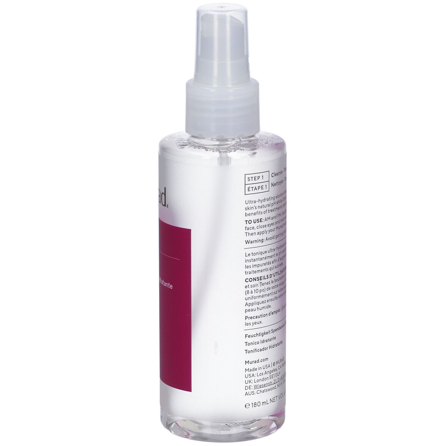 Flacone trasparente con vaporizzatore. Etichetta con Murad, Hydration, Hydrating Toner. Testo sul retro.