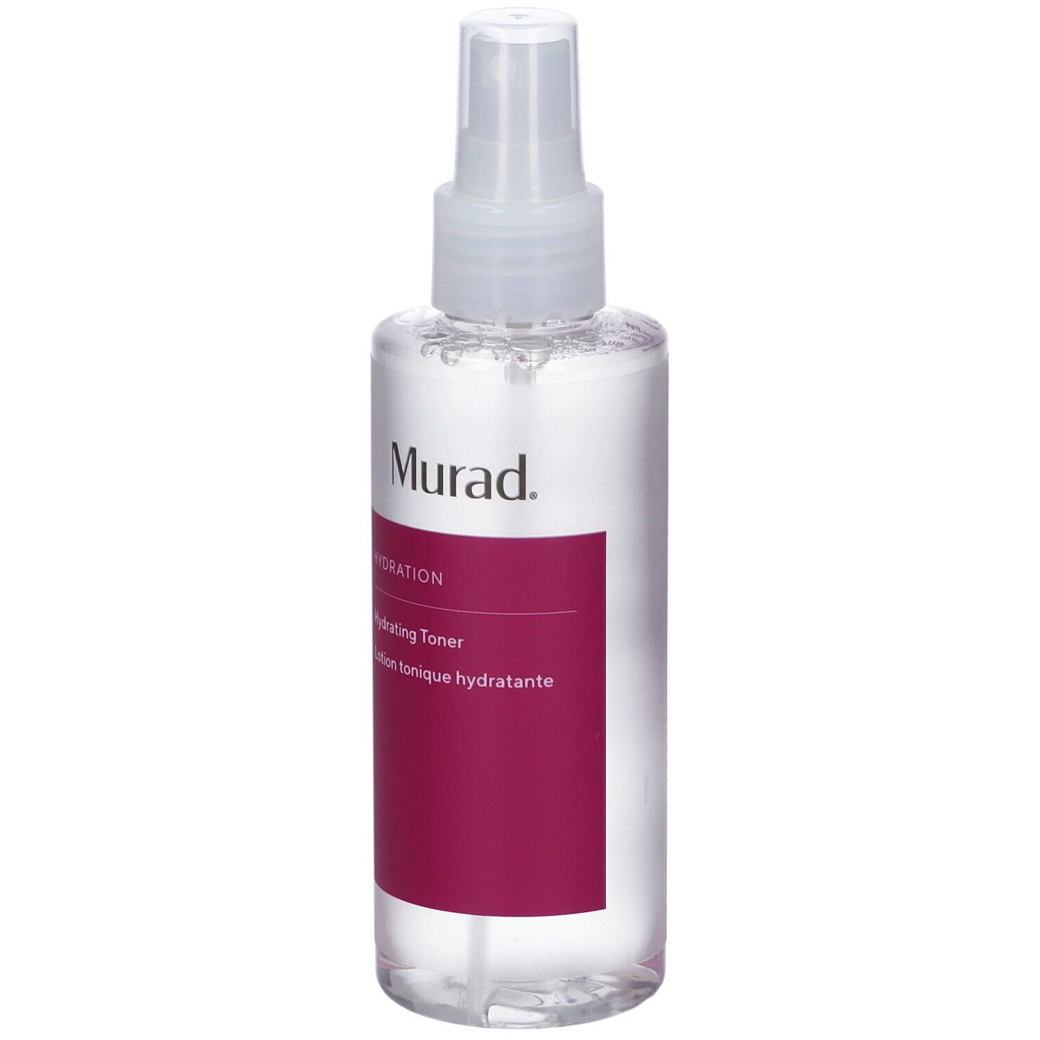 Flacone trasparente con vaporizzatore. Etichetta con Murad, Hydration, Hydrating Toner.