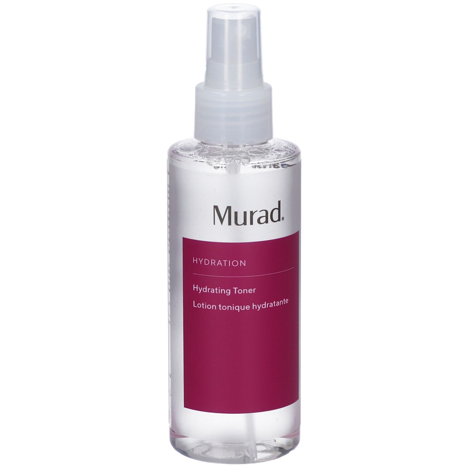 Flacone trasparente con vaporizzatore. Etichetta con Murad, Hydration, Hydrating Toner.
