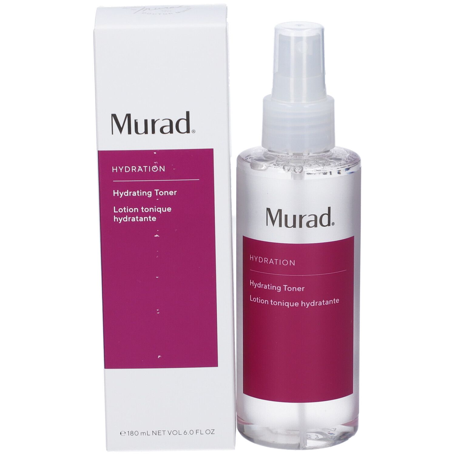 Flacone e scatola. Flacone con vaporizzatore. Etichetta con Murad, Hydration, Hydrating Toner.