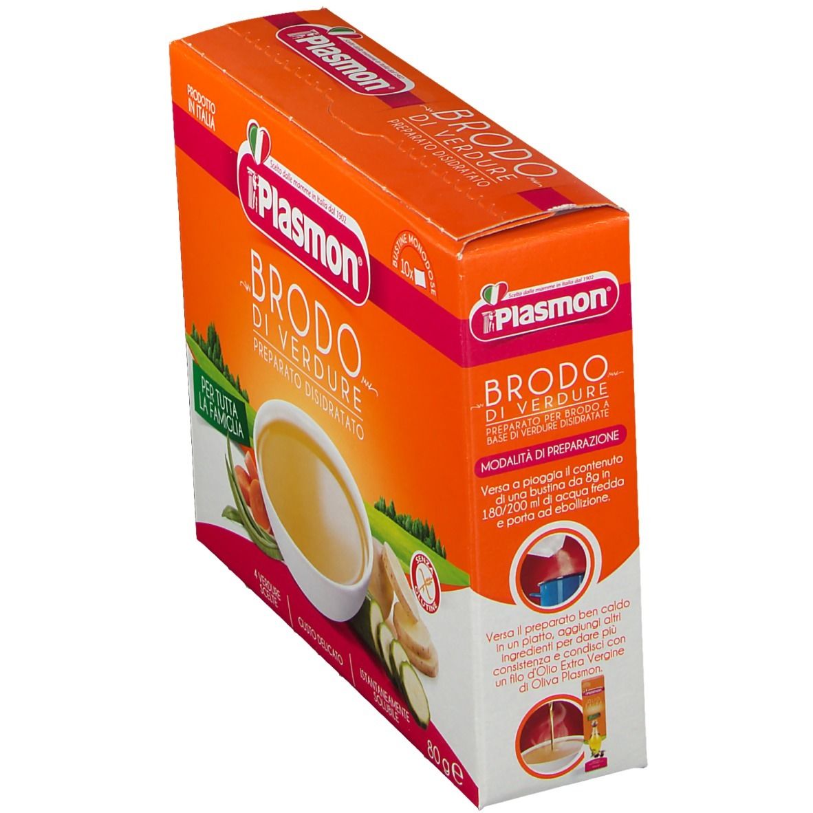 Confezione arancione Plasmon Brodo di Verdure in prospettiva. Istruzioni di preparazione stampate.