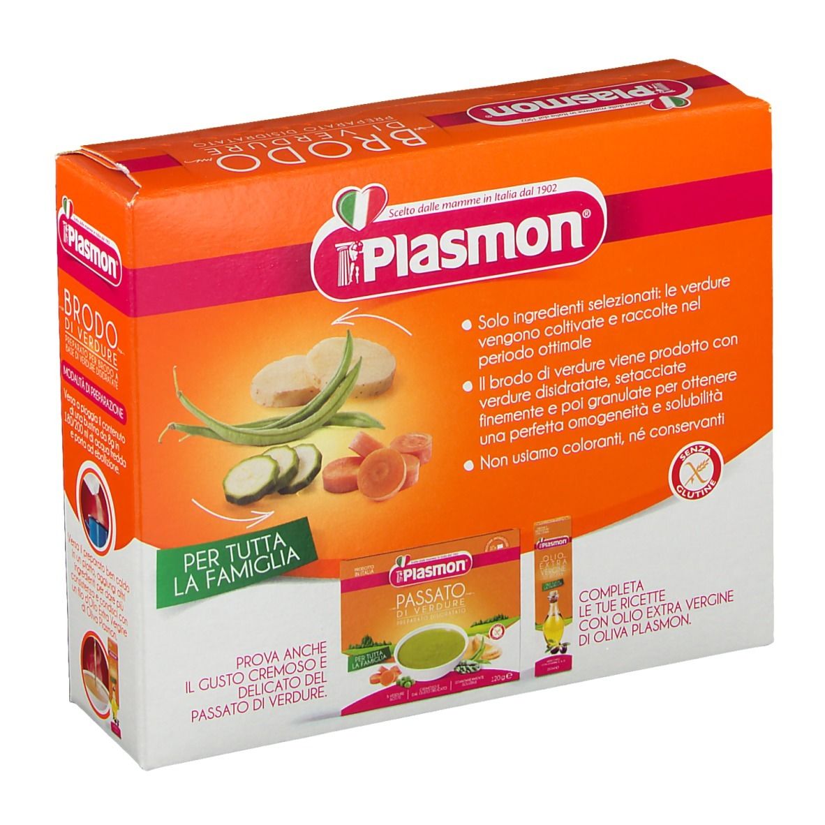 Confezione arancione Plasmon Brodo di Verdure. Retro con ingredienti e istruzioni. Senza glutine.