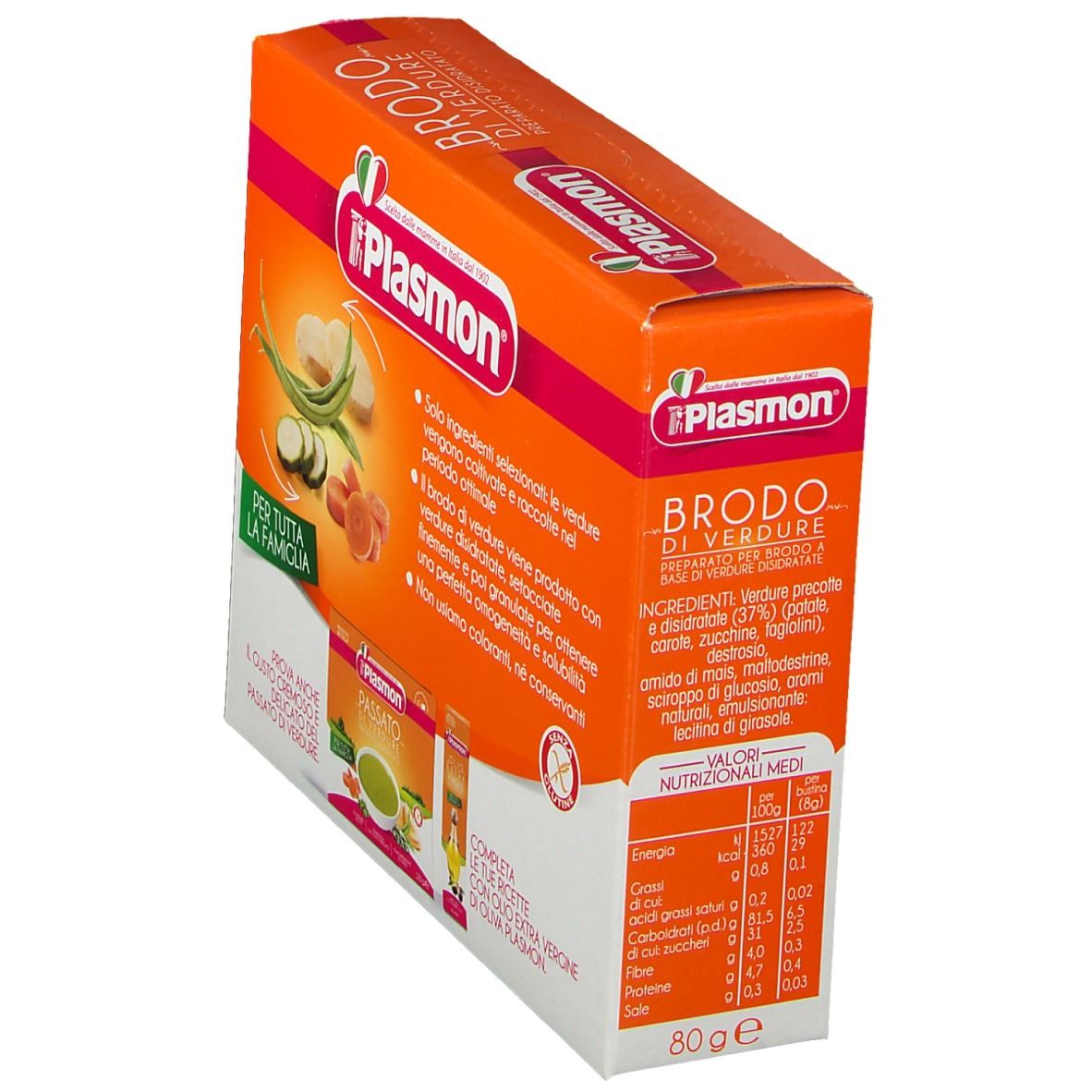 Confezione arancione Plasmon Brodo di Verdure. Retro con valori nutrizionali e ingredienti. 80g.