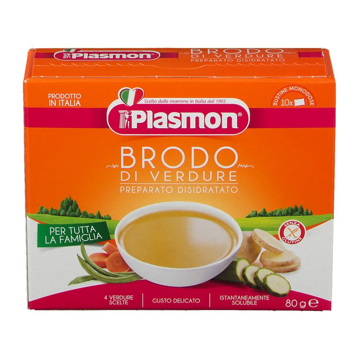 Confezione arancione Plasmon Brodo di Verdure. Immagine di zuppa con verdure. Senza glutine.