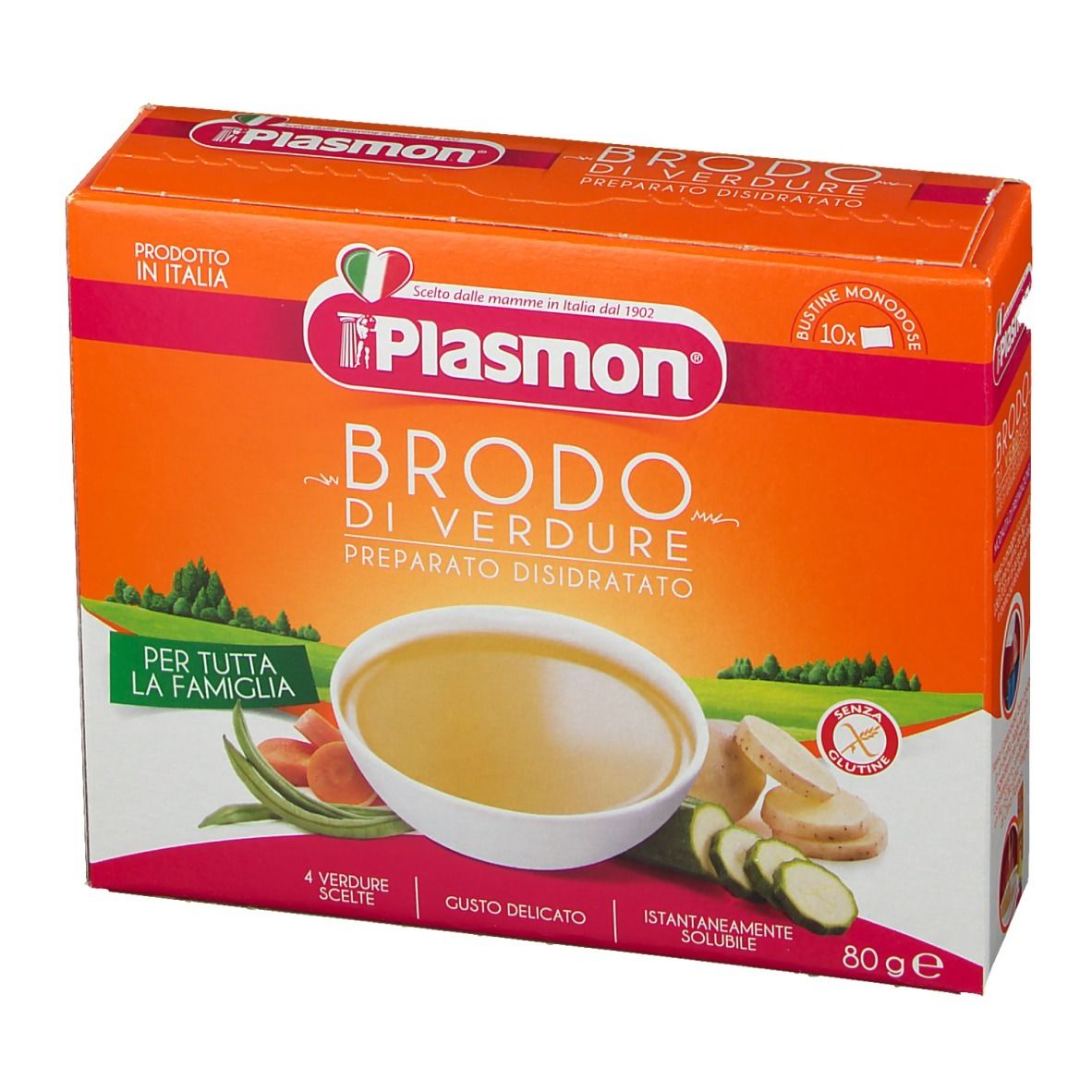 Confezione arancione Plasmon Brodo di Verdure. Immagine di zuppa con verdure. Senza glutine.