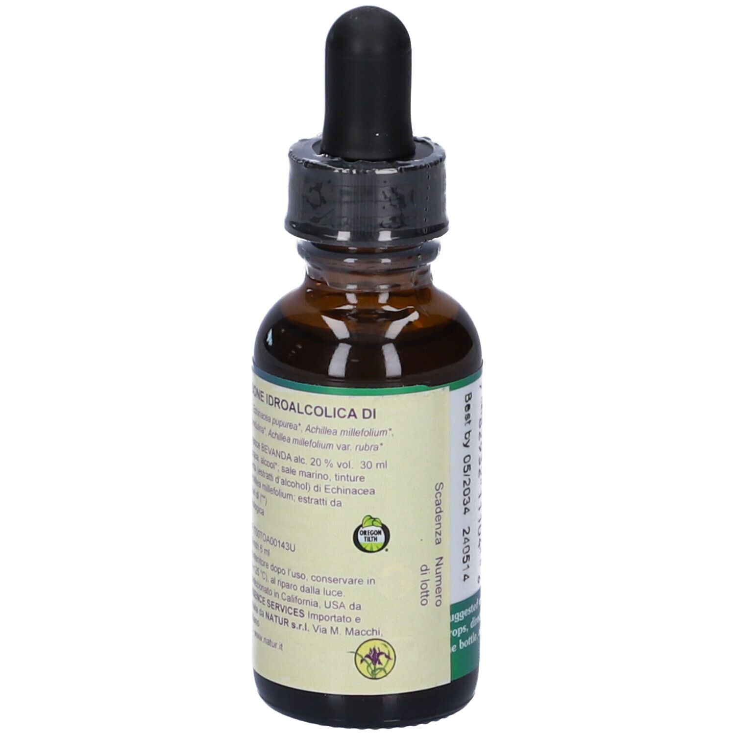 Flacone di vetro marrone con tappo nero e contagocce. Etichetta con testo in italiano.