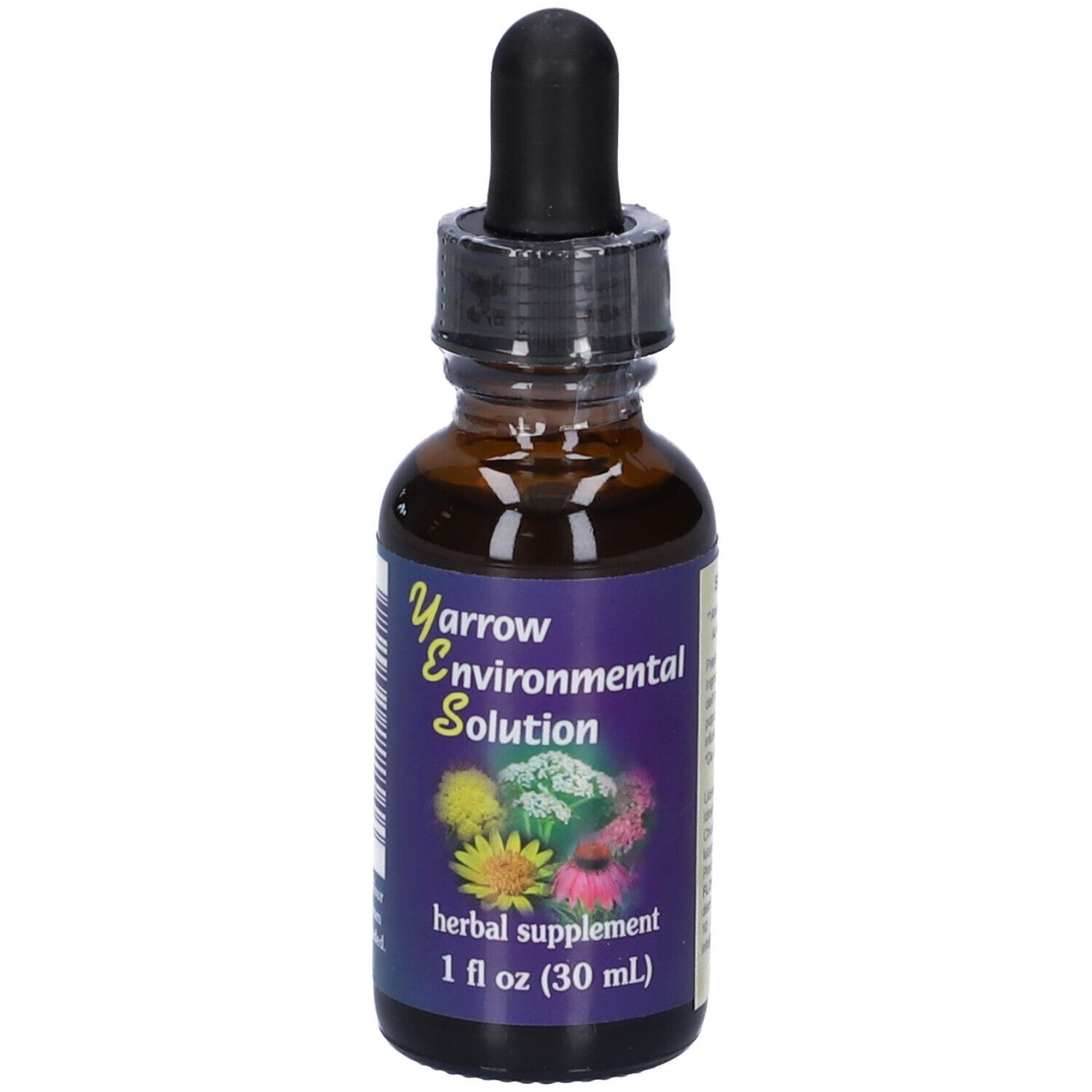 Flacone di vetro marrone con tappo nero e contagocce. Etichetta con testo: Yarrow Environmental Solution, herbal supplement, 1 fl oz (30 ml).
