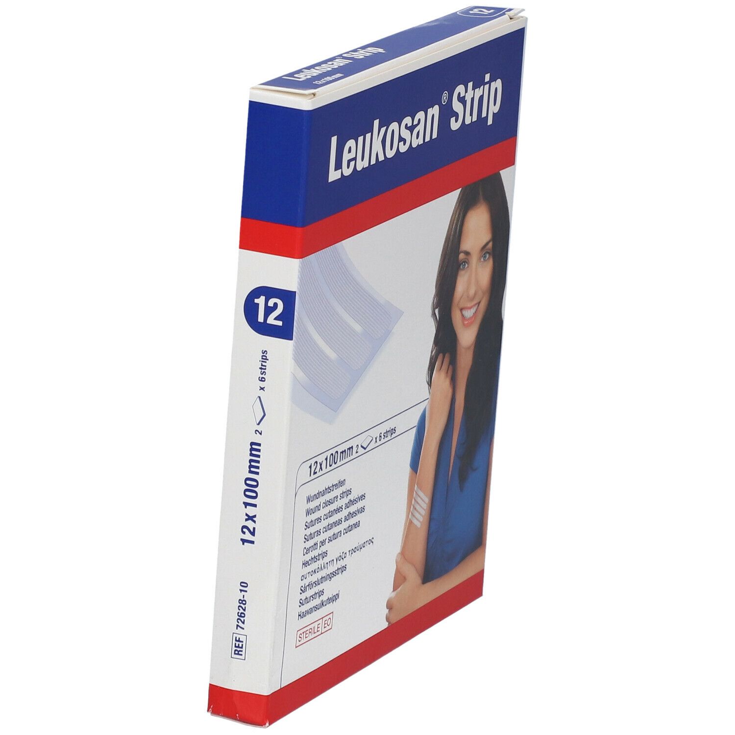 Confezione Leukosan Strip, 12 pezzi. Scritto: 12 x 100 mm. Vista laterale. Immagine di donna con cerotti.
