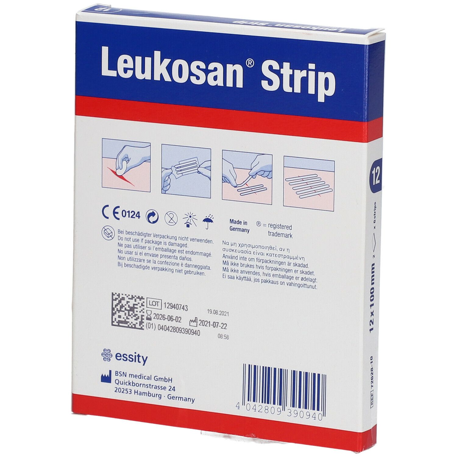 Retro della confezione Leukosan Strip. Informazioni sull'uso e certificazione. Scritto: 12 x 100 mm.