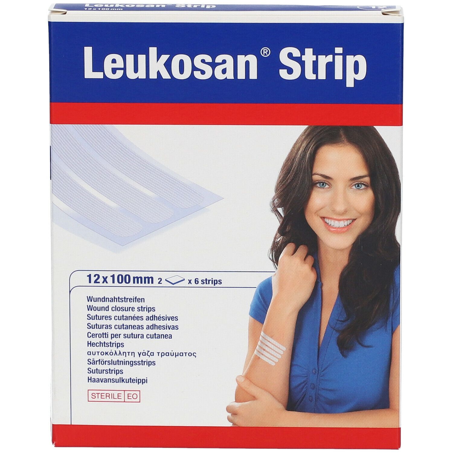 Confezione Leukosan Strip, 12 pezzi. Scritto: 12 x 100 mm. Immagine di donna con cerotti adesivi sul braccio.
