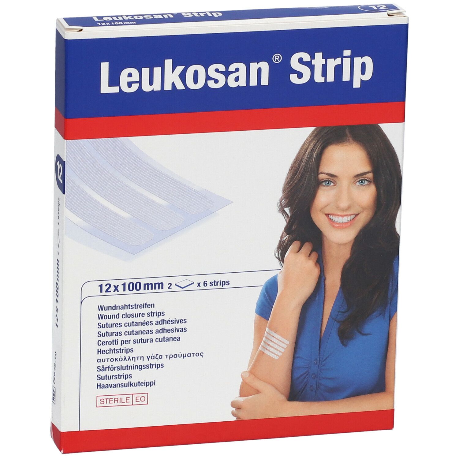 Confezione Leukosan Strip, 12 pezzi. Scritto: 12 x 100 mm. Immagine di donna con cerotti adesivi sul braccio.