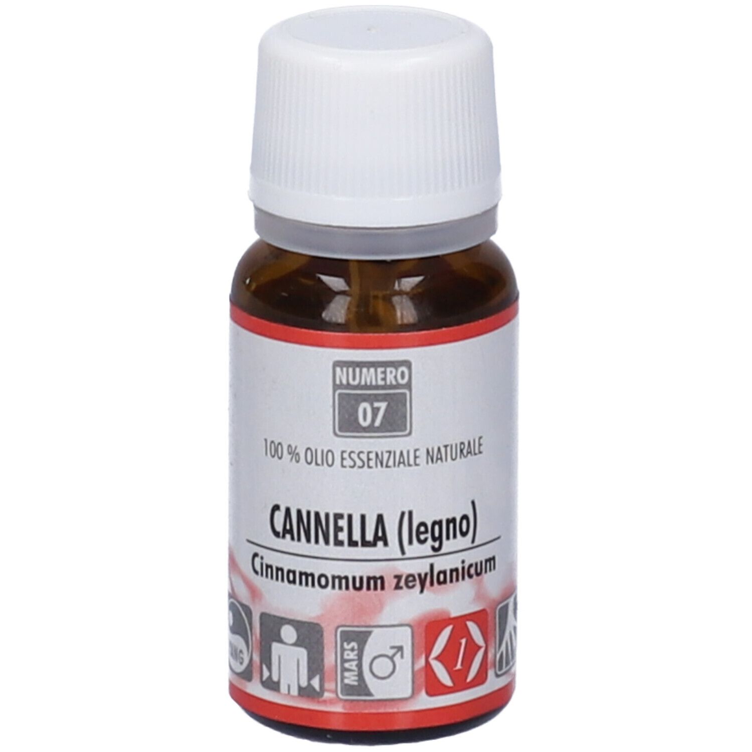 Flacone in vetro marrone con tappo bianco. Scritta: Numero 07, Cannella (legno). Etichetta con informazioni sul prodotto.
