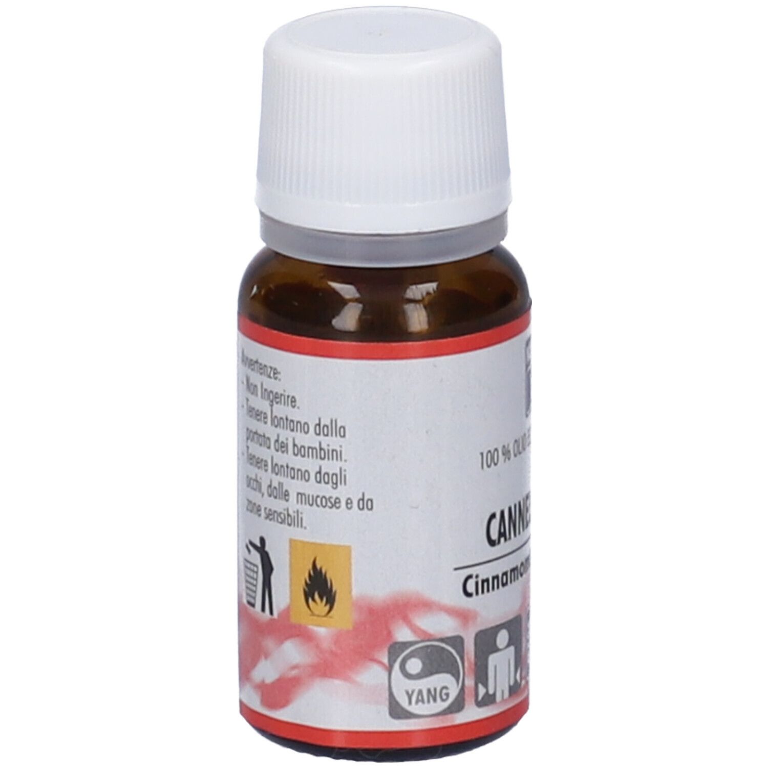 Flacone in vetro marrone con tappo bianco. Scritta: Cannella (legno). Etichetta con avvertenze e pittogrammi.
