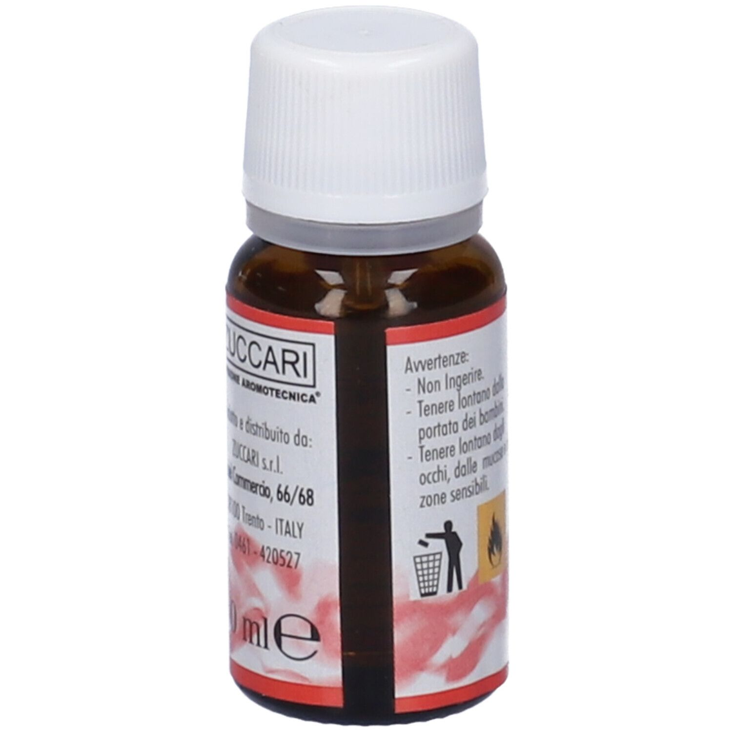 Flacone in vetro marrone con tappo bianco. Scritta: Zuccari, Cannella (legno). Etichetta con informazioni e indirizzo.